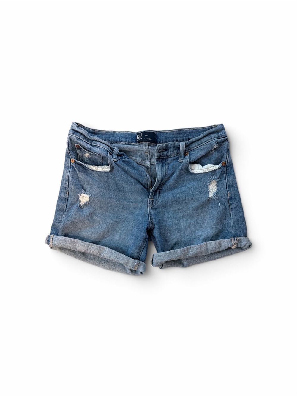 GAP Medium Blue Distressed Rolled-Hem Denim Shorts